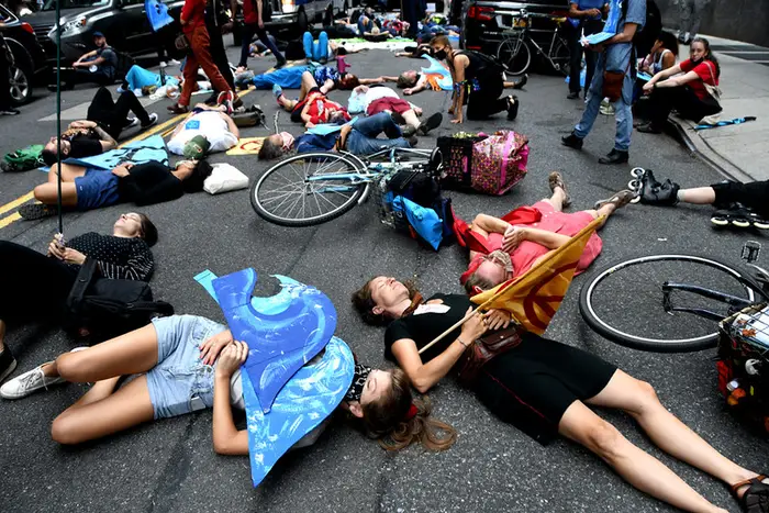 A photo of people lying down during an Extinction Rebellion NYC action